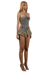 POP Denim Corset Distressed Trim Mini Dress