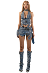 POP Buckles Belts Denim Mini Skirt
