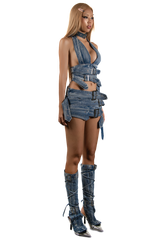 POP Buckles Belts Denim Mini Skirt