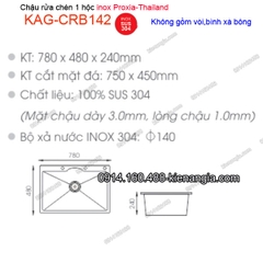 Chậu rửa chén Vuông 1 hộc 78x48 cm inox 304 Proxia-Thailand KAG-CRB142