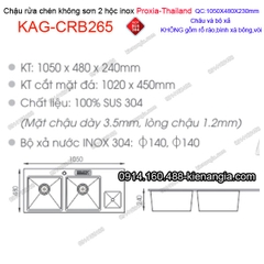 Chậu rửa chén 2 hộc 105x48 cm inox 304 không sơn Proxia KAG-CRB265