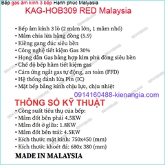 Bếp 3 gas âm kính đỏ sung túc Capri Malaysia KAG-HOB309-RED Malaysia