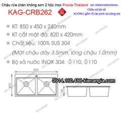 Chậu rửa chén 2 hộc 85x45 cm inox 304 không sơn Proxia KAG-CRB262
