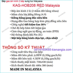 Bếp 2 gas âm kính sung túc Capri Malaysia hạnh phúc KAG-HOB208-RED Malaysia