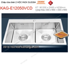 Chậu rửa chén 2 hộc vuông 120x50 cm inox 304 EROWIN KAG-E12050VCD