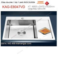 Chậu rửa chén 1 hộc 1 cánh 80x47 55x45 cm inox304 EROWIN KAG-E8047VD