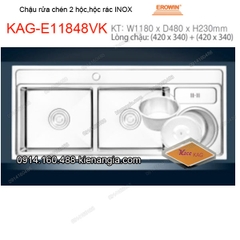 Chậu rửa chén 2 hộc ,hộc rác 110x468cm inox EROWIN KAG-E11848VK
