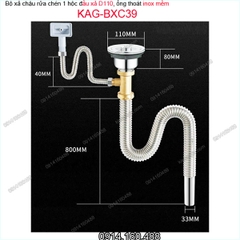 Bộ xả chậu rửa chén 1 hộc D110 ống inox mềm KAG-BXC39