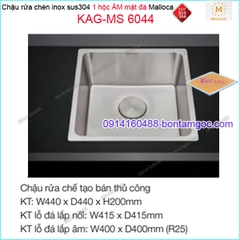 Chậu vuông INOX 304 1 hộc âm mặt đá 440X440mm Malloca KAG-MS6044