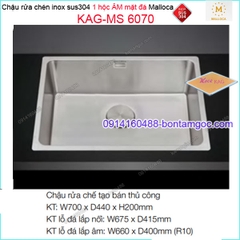 Chậu vuông 1hộc INOX 304 âm mặt đá 700X440mm Malloca KAG-MS6070