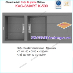 Chậu rửa chén 2 hộc đá Granite nano XÁM 86x51.5 cm Malloca KAG-SMART-K500
