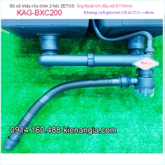 Bộ xả chậu 2 hộc ZETOS đầu nhựa đúc D110 có bầu lắng KAG-BXC200