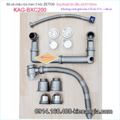 Bộ xả chậu 2 hộc ZETOS đầu nhựa đúc D110 có bầu lắng KAG-BXC200