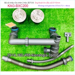 Bộ xả chậu 2 hộc ZETOS đầu nhựa đúc D110 có bầu lắng KAG-BXC200