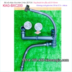 Bộ xả chậu 2 hộc ZETOS đầu nhựa đúc D110 có bầu lắng KAG-BXC200