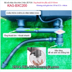 Bộ xả chậu 2 hộc ZETOS đầu nhựa đúc D110 có bầu lắng KAG-BXC200
