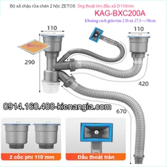 Bộ xả chậu rửa chén 2 hộc ZETOS D110 ống thoát lớn KAG-BXC200A