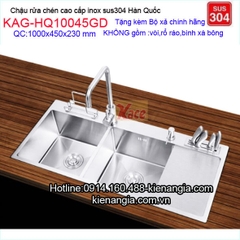 Chậu cao cấp inox 304 đúc dài 1000x450mm 2 hố 1 bàn giắt dao,thớt KAG-HQ10045GD
