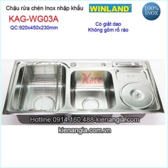 Chậu inox 2 hộc có hộc rác 92X45 cm Winland KAG-WG03A