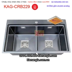 Chậu Nano đen 2 hộc đều 82x48 cm inox 304 KAG-CRB229
