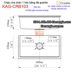 Chậu rửa chén 1 hộc vuông 68x45cm đá granite Creave KAG-CRB103