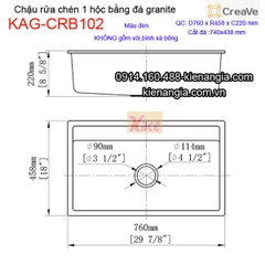 Chậu rửa chén 1 hộc vuông 76x45cm đá granite Creave KAG-CRB102