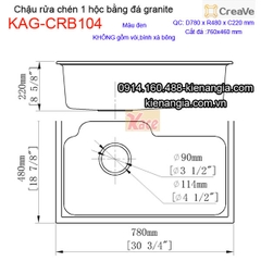 Chậu rửa chén 1 hộc vuông 78x48cm đá granite Creave KAG-CRB104