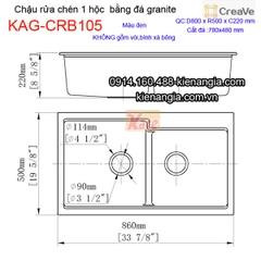 Chậu rửa chén 1 hộc vuông 80x50cm đá granite Creave KAG-CRB105