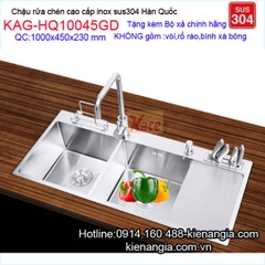 Chậu rửa chén 100x45 sus304 đúc 2 hộc vuông có cánh KAG-HQ10045