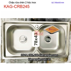 Chậu rửa chén 2 hộc 78x43cm inox KAG-CRB245