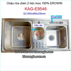 Chậu rửa chén 2 hộc ,hộc rác giữa 95X46 cm Erowin (bm) KAG-E9546