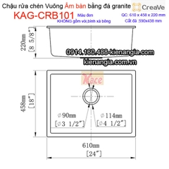 Chậu rửa chén âm bàn 1 hộc vuông 61x45cm đá granite Creave CRBA KAG-CRB101
