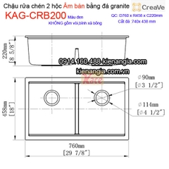 Chậu rửa chén âm bàn đá granite 2 hộc 76x45 cm Creave CRBA KAG-CRB200