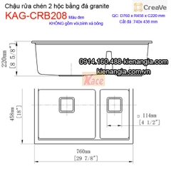 Chậu rửa chén âm bàn đá granite 2 hộc 76x45cm Creave CRBA KAG-CRB208