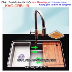 Chậu rửa chén âm mặt đá 1 hộc inox phủ nano bạc 75x40cm KAG-CRB119
