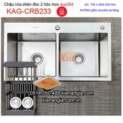 Chậu rửa chén inox sus304 đúc 2 hộc đều 70x40 cm KAG-CRB233