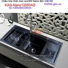 Chậu rửa chén inox sus304 Nano đen 2 hộc 120x50 x23cm Việt Mỹ KAG-Nano12050AD