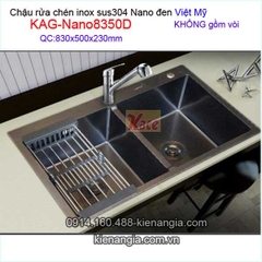 Chậu rửa chén inox sus304 Nano đen 2 hộc 83x50 x23cm Việt Mỹ KAG-Nano8350D