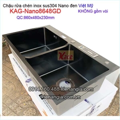 Chậu rửa chén inox sus304 Nano đen 2 hộc 86x48 x23cm Việt Mỹ KAG-Nano8648GD