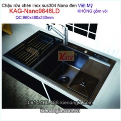 Chậu rửa chén inox sus304 Nano đen 2 hộc 96x48 x23cm Việt Mỹ KAG-Nano9648LD