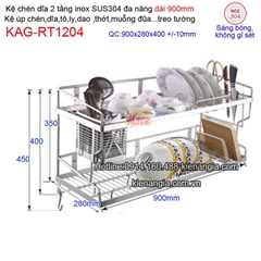 Kệ 2 tầng chén dĩa đa năng 5 trong 1 dài 900 sus304 KAG-RT1204