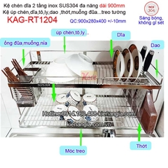 Kệ 2 tầng chén dĩa đa năng 5 trong 1 dài 900 sus304 KAG-RT1204