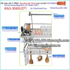 Kệ chén đa năng 2 tầng tủ bếp ốp kính Tovashu sus304 dài 70cm KAG-304SU271