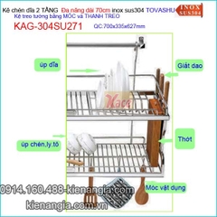 Kệ chén đa năng 2 tầng tủ bếp ốp kính Tovashu sus304 dài 70cm KAG-304SU271