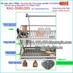 Kệ chén đa năng có khay 2 tầng bếp ốp kính Tovashu sus304 70cm KAG-304SU265