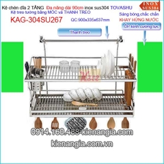 Kệ chén đa năng có khay 2 tầng tủ bếp ốp kính Tovashu sus304 dài 90cm KAG-304SU267