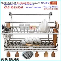 Kệ chén đa năng có khay 2 tầng tủ bếp ốp kính Tovashu sus304 dài 90cm KAG-304SU267