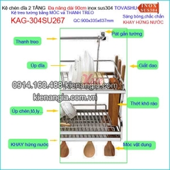 Kệ chén đa năng có khay 2 tầng tủ bếp ốp kính Tovashu sus304 dài 90cm KAG-304SU267