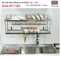 Kệ chén dĩa 2 tầng dài 100cm bằng inox sus304 KAG-RT1195
