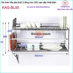 Kệ chén dĩa dao thớt 2 tầng treo tủ bếp 800 inox Nhật Bản KAG-BL55